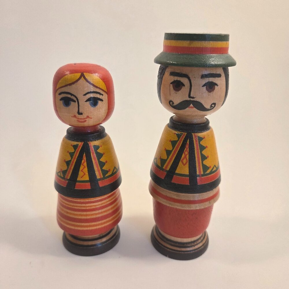 Vintage Hand-Painted Wooden Folk Couple Figurines
